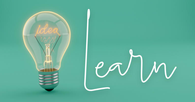 A glowing lightbulb sits on a teal background, with the filament shaped to spell the word “idea.” To the right of the bulb, the word “Learn” is written in large white script.