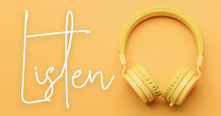 Yellow over-ear headphones rest on an orange background. On the left side of the image, the word “Listen” is written in large white script.