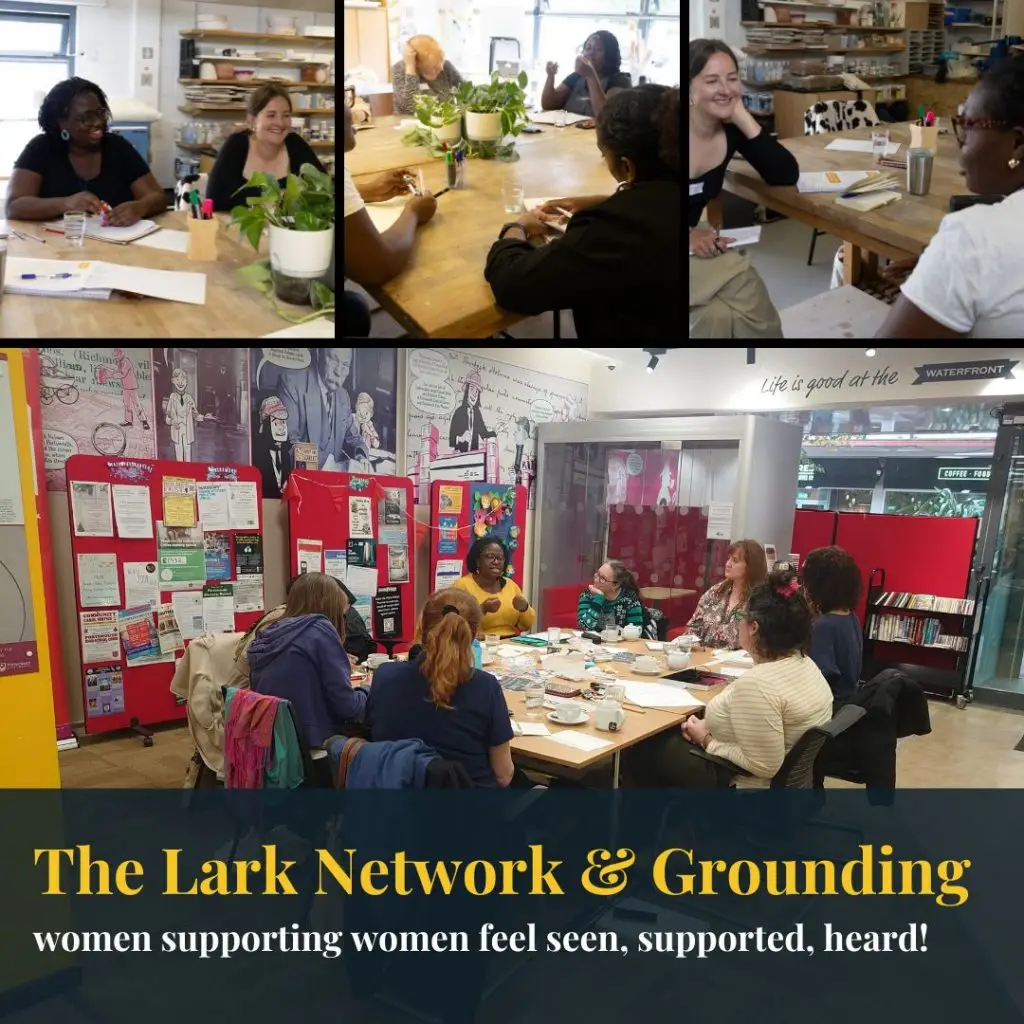 A collage showing women taking part in a creative and reflective workshop. The top row features close-up photos of participants sitting around a wooden table, writing, chatting and smiling, with green plants in the centre. The bottom photo shows a larger group seated around a table in a community space with red noticeboards and illustrated wall art in the background. One woman leads the discussion while others listen. At the bottom of the image, text reads: “The Lark Network & Grounding – women supporting women feel seen, supported, heard!”