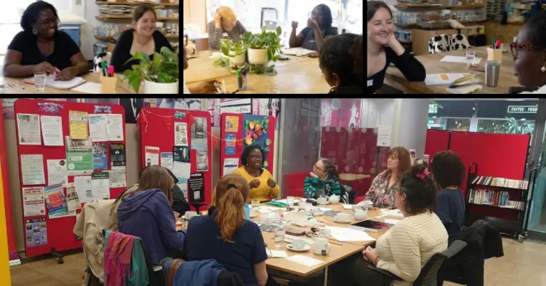 A collage of photos showing a group of women taking part in a creative or business workshop. The top row shows close-ups of participants sitting around a wooden table, smiling, chatting and writing, with plants in the centre of the table. The bottom photo shows a larger group seated around a table in a community space with red noticeboards behind them. One woman speaks while others listen and take notes. The atmosphere is friendly, collaborative and relaxed.